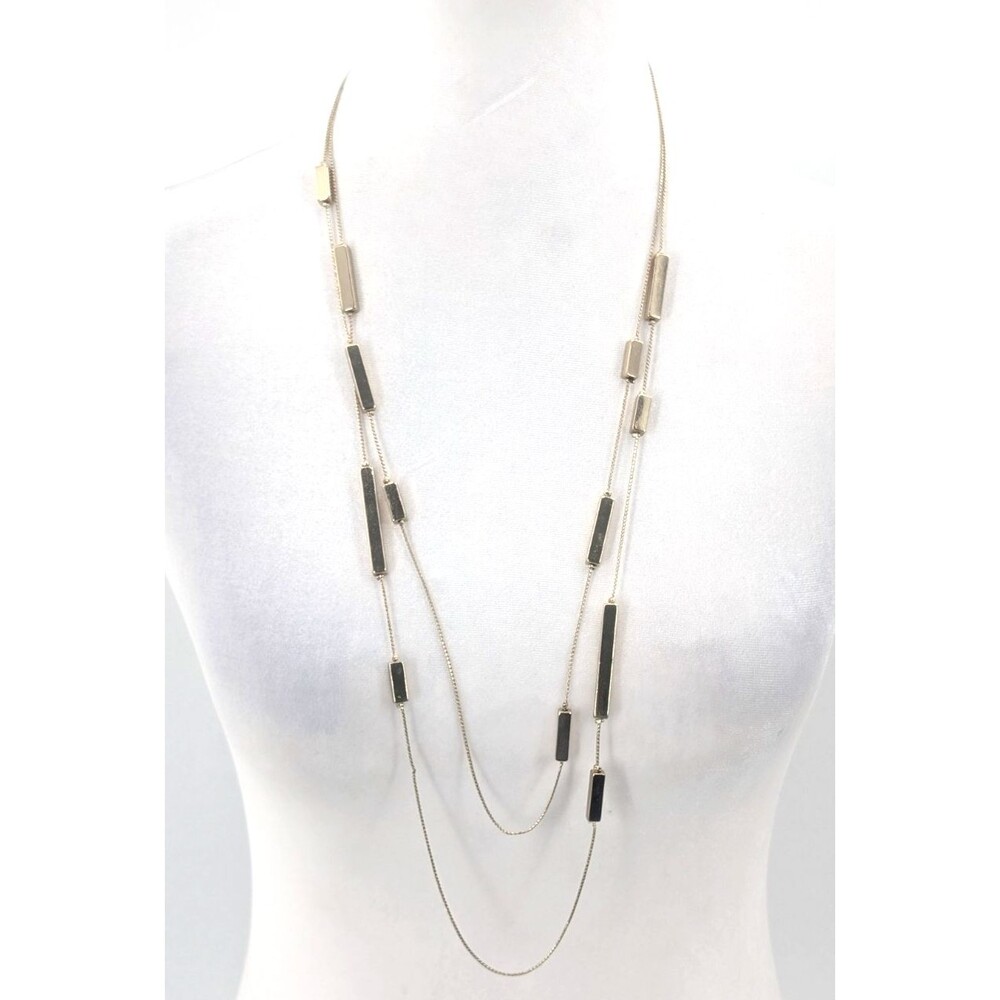 Chico's Signed Gold Tone Long Layered Bar Statement Chain Chunky Necklace